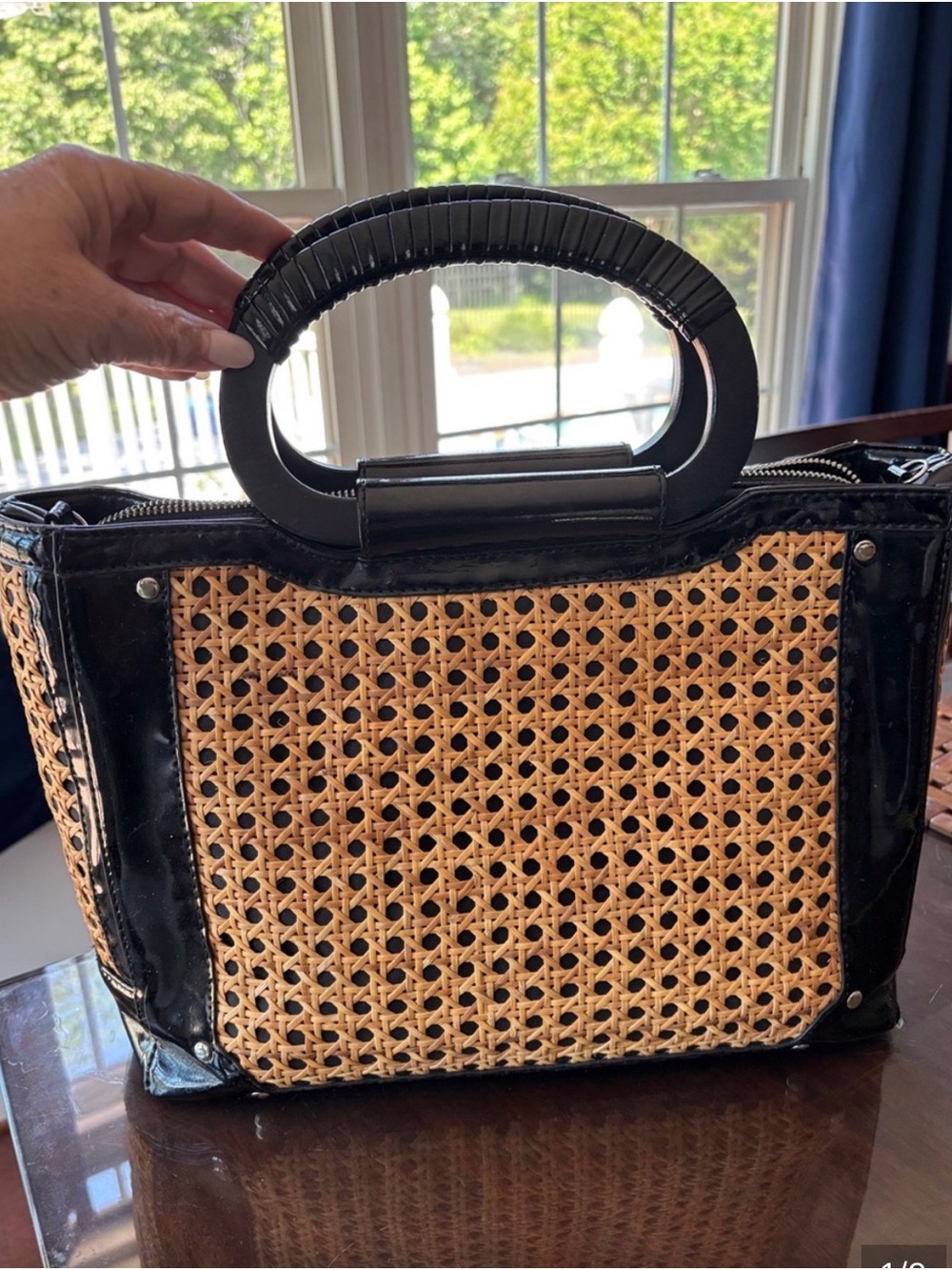 WOW WHITE HOUSE BLACK MARKET Woven Rattan Tote with Black Trim
